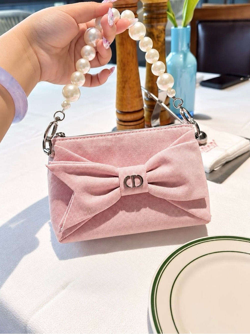 Dior Pink Corduroy Mini Bow Bag with Pearl Handle